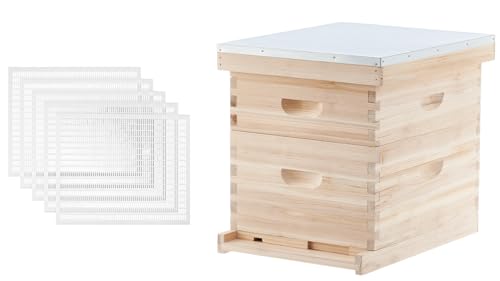 CREWORKS Bee Hive Boxes 10 Frame Langstroth Beehive, 2 Layers Complete Bee Hive Kit, 1 Super Bee Box & 1 Bee Brood Box with Beehive Frames 10 Frame Queen Excluders, and Foundation