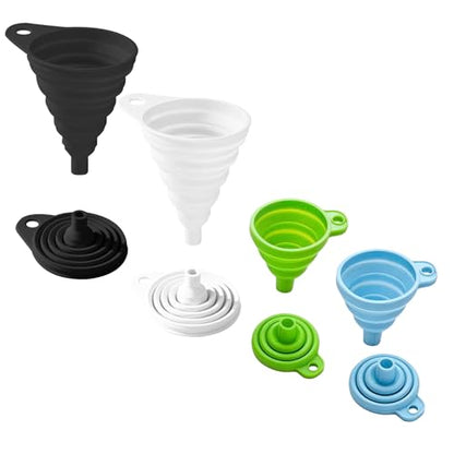 4-Pack Silicone Collapsible Funnel Set - Small & Large Foldable Kitchen Funnels for Liquid Transfer, Food-Grade & Easy to Store, Perfect for Filling Water Bottles & Jars