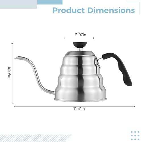 40.6 US fl oz / 1.2 L Stainless Steel Goose Neck Coffee Kettle, Pour Over Coffee Maker, Anti-Leak, Precise Flow Control, Black Resin Handle, with Detachable Thermometer for Brewing Perfection
