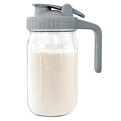 JunVpic Breast Milk Pitcher - 32 oz Glass Mason Jar with Dual Leak-Proof Design, Airtight Seal, Pour Spout & Handle, Storage Container for Breastmilk, Iced Tea & Ice Drinks（Gray） - color: Gray, size: 32 Ounces