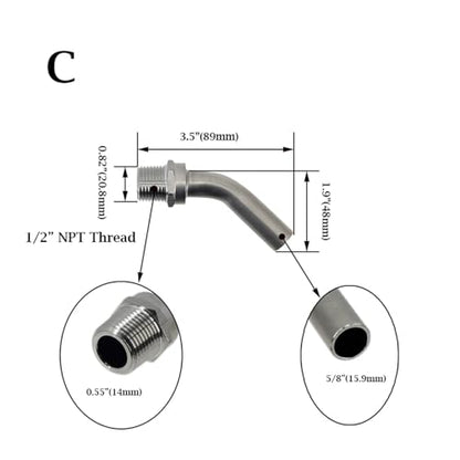 Wine Making- Home Brewing Stainless Steel Pickup Tube 1/2" Male NPT 3/8" 1/2" 5/8" OD Tube Homebrew BK HLT Keg/Kettle Dip Tube Whirlpool Arm Wine Accessories(C)