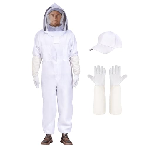 KAGZ Professional Bee Suit with Adjustable Cap and Goatskin Gloves, Full Body Sting Proof Beekeeping Suit for Men and Women, Protective Beekeeper Gear with Ventilated Veil Hood, L - size: Large