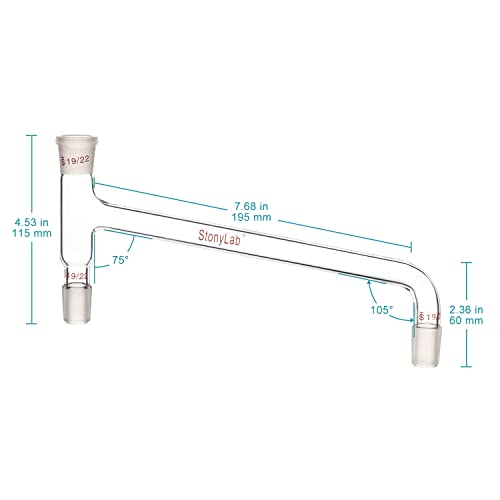 stonylab Borosilicate Glass 75 Degree Bent Distilling Adapter, with Two 19/22 Inner Joints and One Outer Joint, for Laboratory Distillation - size: 19/22 Joint