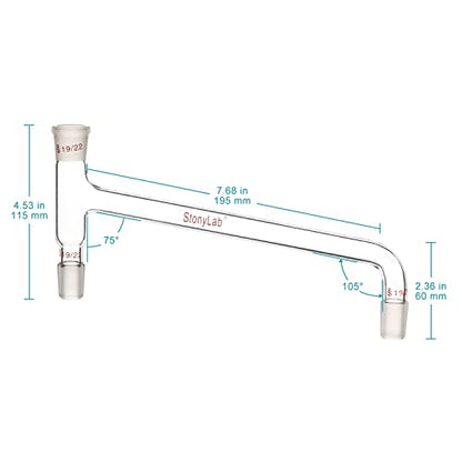 stonylab Borosilicate Glass 75 Degree Bent Distilling Adapter, with Two 19/22 Inner Joints and One Outer Joint, for Laboratory Distillation - size: 19/22 Joint