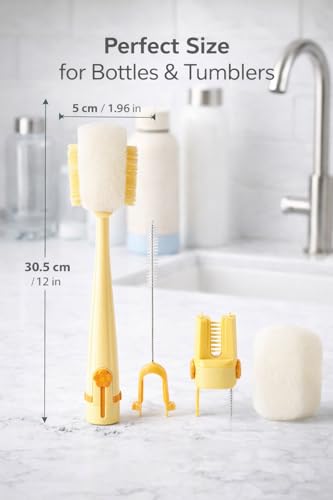 Bottle Cleaning Brush Set, 5-in-1 Multifunctional Bottle Brush with Straw Cleaner, Sponge Bottle Brush for Water Bottles, Tumblers, Cups, Lids and Narrow Neck Containers (Yellow) - color: Yellow