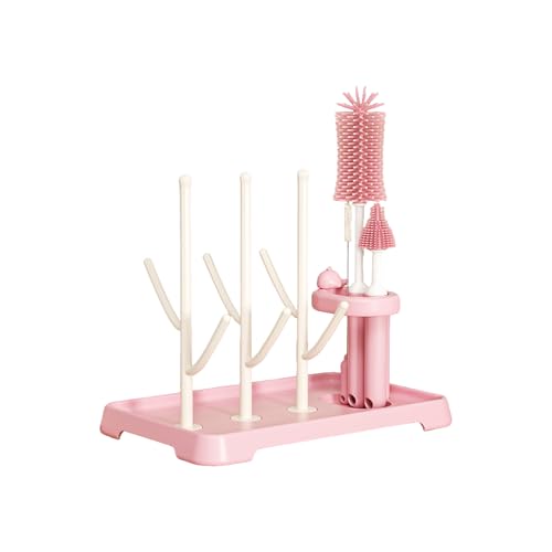 [4-in-1] Baby Bottle Drying Rack Set with Multi-Functional Brushes, Silicone Bottle Brush, Nipple Brush & Straw Cleaner, Space-Saving Countertop Cleaning Kit for Feeding Essentials, BPA-Free (Pink) - color: Pink
