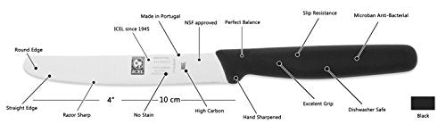 ICEL 4.25 Inch Straight Edge Round Tip Paring Knife, High Carbon German Stainless Steel Blade, Factory-Sharp Edge, Non-Slip Textured Black Polypropylene Handle - color: Black