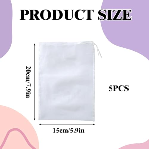 Reusable Nylon Mesh Filter Bags, White, 5.9 x 7.9 Inch, 5 Pack, High Density Drawstring Bags for Fish Tank Media, Aquarium Carbon Filter