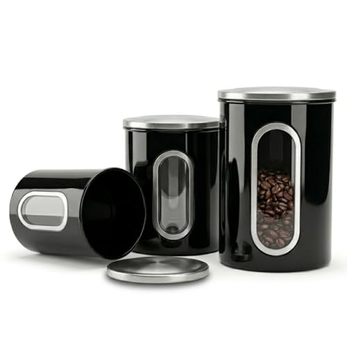 Mixpresso 3-Piece Black Canisters Sets For The Kitchen, Airtight Canister Set With See Through Window, Storage Jars for Coffee Container, Tea Organizer & Sugar Canister, Black Kitchen Canisters - color: Black