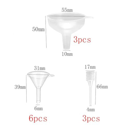 9 PCS Mini Funnels with 3 Droppers, Food Grade Clear Plastic Funnel with Wide Mouth for Essential Oil, Lotion, Perfume, Powder, Granule, 3 Sizes