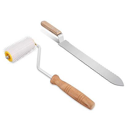 Flexzion 11" Stainless Steel Cold Uncapping Serrated Blade Knife and 12" Plastic Needle Roller, Bee Hive Wax Scraper Uncapper Extractor Beekeeping Tool Equipment for Beekeepers Honey Extracting