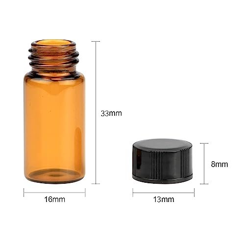 3ML Glass Sample Vial,Amber Borosilicate Glass Liquid Sampling Sample Glass Thread Bottles,16 * 33mm,13-425 Black Screw Caps with PE Liner, pack of 100 - size: 3ML