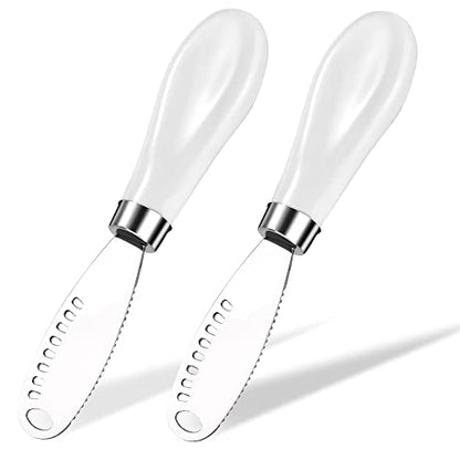 AISBUGUR 2 Pack Stainless Steel Butter Spreader Knife with Holes Multifunction Butter Knife with White Porcelain Handle, Cheese Butter Spreader Knives for Kitchen - color: White 2 Pack With Holes