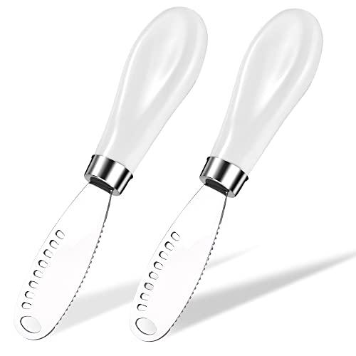 AISBUGUR 2 Pack Stainless Steel Butter Spreader Knife with Holes Multifunction Butter Knife with White Porcelain Handle, Cheese Butter Spreader Knives for Kitchen - color: White 2 Pack With Holes