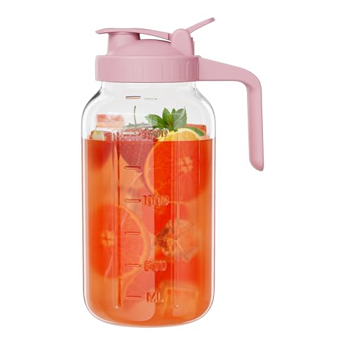 Glass Mason Jar Pitcher, 64 oz Wide Mouth Jug with Pour Spout Handle Lid for Cold Brew Coffee, Ice Beverage, Iced Juice, Lemonade, Sun Tea, Fruit Drinks Container(Pink) - color: Pink, size: 64 Ounces