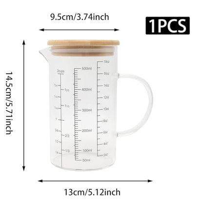 500ML Glass Measuring Cup with Bamboo Lid, High Borosilicate Glass Liquid Measuring Cups with Handle, Easy-Read OZ/Cup/ML Scales & V-Spout for Kitchen, Baking, Coffee, Restaurant