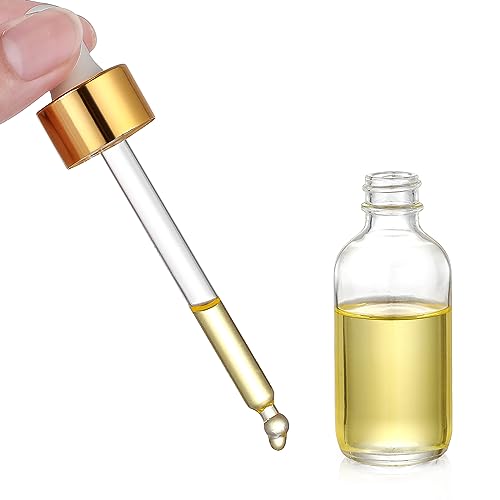 AOZITA Set of 4, 2 oz Golden Cap Clear Dropper Bottles (60ml) with 1 Funnel & 4 Labels - Glass Tincture Bottles for Essential Oils with Eye Droppers - Leak Proof Travel Bottles for Liquids - color: Clear