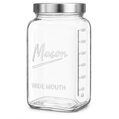 kitchentoolz 1 Gallon Glass Jar with Lid - Extra Large Mason Jar Wide Mouth with Airtight Metal Screw On Lid - Square Glass Storage Container with Measurements for Flour, Sugar, Cookies & Pickling