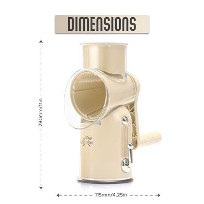 Rotary Cheese Grater Hand Crank, 5 in 1 Vegetable Slicer, Manual Cheese Shredder with Stainless Steel Blades, Food Grater for Cheese Vegetables Nuts, Suction Base, Easy Clean, Beige - color: Beige