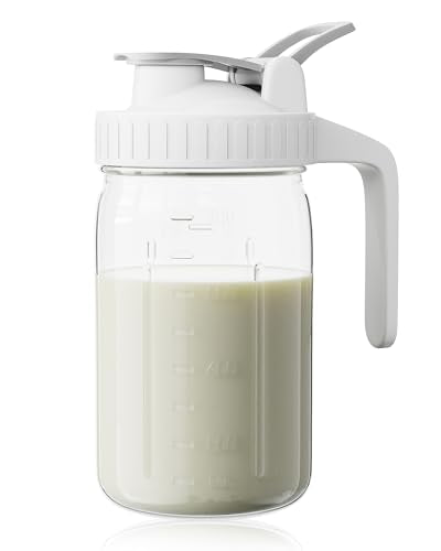 Breast Milk Pitcher, Mason Jar 32 oz, Heavy Duty Wide Mouth Jar with White Flip Cap Lid and Pour Spout, Airtight Seal for Freshness and Convenience, Formula Pitcher Great for Cold Beverages - color: White, size: 32 Ounces