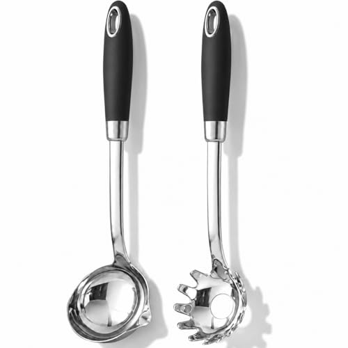 18/10 Stainless Steel Soup Ladle and Pasta Server Set, 2-Piece | Premium 18/10 stainless steel soup ladle and pasta server with ergonomic heat-resistant handles for everyday cooking. - color: Black