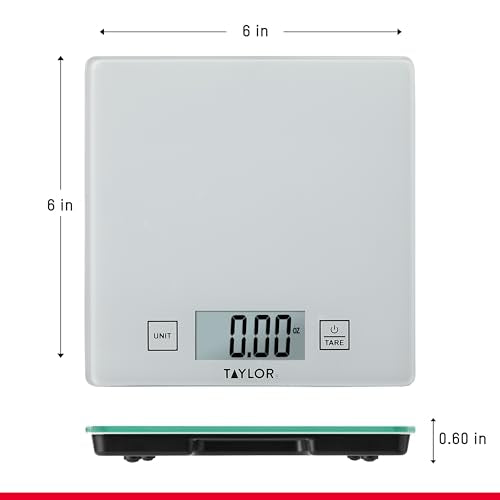 Taylor Compact Glass Kitchen Food Scale, 11 lb Capacity Digital Scale for Baking, Cooking, Meal Prep, Portion Control, Thin Lightweight Design, Easy-to-Read Display, White