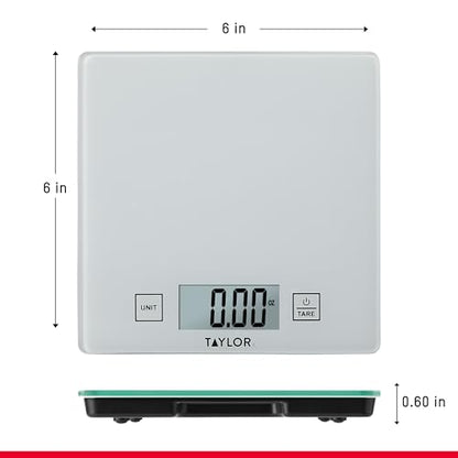 Taylor Compact Glass Kitchen Food Scale, 11 lb Capacity Digital Scale for Baking, Cooking, Meal Prep, Portion Control, Thin Lightweight Design, Easy-to-Read Display, White