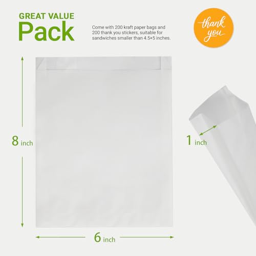 200 Pack White Paper Sandwich Bags with Seal Stickers, 6"×8"×1" Grease Resistant Cookie Sleeves Pasrty Bags for Lunch Packing, Treats, Snacks, Bagels, Baked Goods - color: White