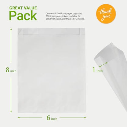 200 Pack White Paper Sandwich Bags with Seal Stickers, 6"×8"×1" Grease Resistant Cookie Sleeves Pasrty Bags for Lunch Packing, Treats, Snacks, Bagels, Baked Goods - color: White