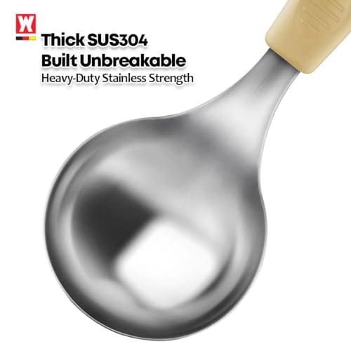 Short Stainless Steel Ladle 220mm (8.6”) – SUS304 Thick Deep Bowl Head with Soft-Grip Silicone Handle – Lightweight Mini Soup & Serving Spoon for Cooking – 5 Color Options (Yellow) - color: Yellow