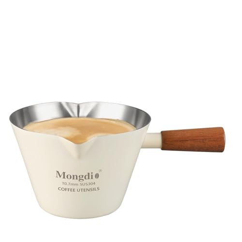 Mongdio Espresso Measuring Cup, Stainless Steel Espresso Shot Cups with Wooden Handle and Double Spouts, 6.8OZ/200ML, White - color: White, size: 6.8oz