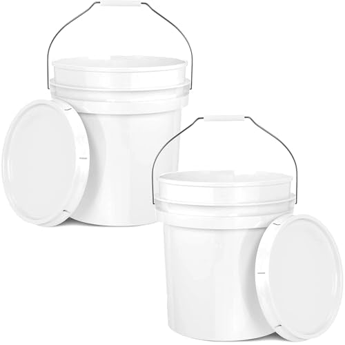 5-Gallon White Bucket Pail Container with Lid | Food Grade | Heavy-Duty Approx 90 MIL Extra Durable | Metal Handles with Plastic Grip | Multi-Use | Easy Stack and Store | BPA Free - 2 Pack - color: White - 5 Gallons, size: 2 Packs