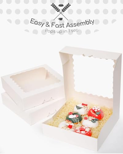 qiqee Auto-pop Up White Pie Boxes with Window 10x10x2.5 inch 20Packs Cookie Donut Bakery Box - color: White, size: 10"x10"x2.5"/20 Pcs