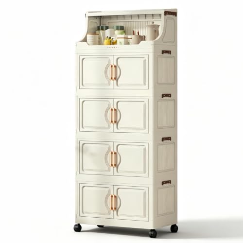 217QT Stackable Storage Bins with Lids & Rack, 5 Tier Large Capacity Foldable Storage Cabinet, Clear Collapsible Pantry Organizer for Home, Kitchen, Bathroom, Dorm, Office, White - color: White, size: 5 Tier 43.5QT