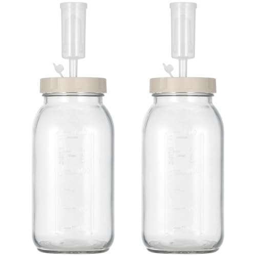 Fermentation Jar, 2 Pcs Glass Fermenting jar with Date Tracker & One-Way Air Valve, Square Space-Saving Design for Kimchi, Sauerkraut & Kitchen Storage, 9.4 x 4.7 x 4.7 in, 64 fl oz
