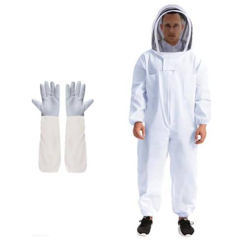 Beekeeping Suit, L Size White Protective Gear for Men, Full Body Coverage, Features Ventilated Goat Skin Gloves for Beekeepers