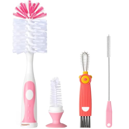 Baby Bottle Brush Set 4 in 1, Baby Bottle Cleaner, with 1P Nylon Bottle Brush, 1P Bottle Cap Brushes, 2P Straw Brushes, Bottle Brush with Nipple Cleaner and Suction Cup, BPA-Free(Pink) - color: Pink-nylon Brush