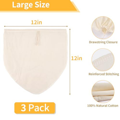 3 Pcs 12"x12" Nut Milk Bag, Natural Unbleached Cotton Cheese Cloth Bag for Straining, Reusable Strainer Bag for Oat Almond Milk, Cheese Making, Yogurt, Juice, Cold Brew Coffee, Beer Tea (12x12 Inch) - size: 12x12 Inch