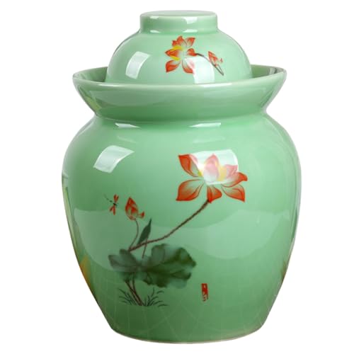 GVILTY Large Ceramic Pickle Jar with Lids, Green Traditional Chinese Porcelain Pickle Jar,Ceramic Fermentation Crock with Water Seal Airlock Lid,Sauerkraut Crock 3.5kg - size: 3.5kg