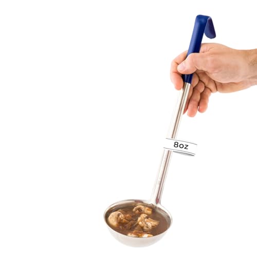 Restaurantware Met Lux 8 Ounce Soup Ladle 1 Hook Handle Serving Spoon - With Blue Handle Dishwashable Stainless Steel Cooking Ladle For Pouring And Cooking Perfect for Soup Chilli Or Batter - size: 8 oz