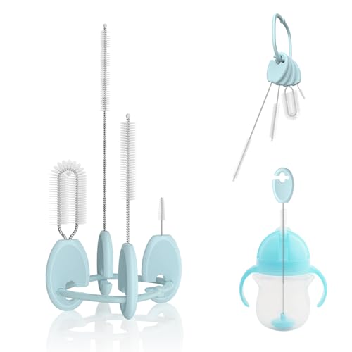 Baby Straw Brush Set, 4 Piece Cleaner Kit with Standable Key Ring – for Sippy Cups, Weighted Straw Cups & Baby Bottles – Designed for 0–24 Months, Blue - color: Blue, size: Baby Version（0–24 Months）