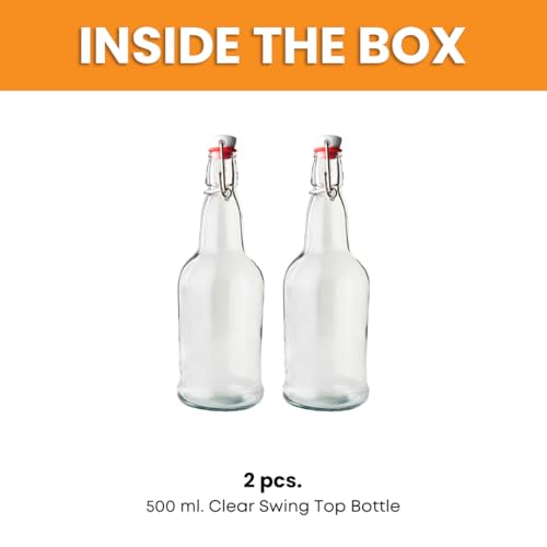 FastRack 2 Pack Clear Swing Top Glass Bottles (16oz/500ml) | Heavy Duty Flip Top Fermenting Bottles | Reusable Airtight Grolsch-Style Glass for Kombucha, Beer, Juice & Infusions - color: Clear
