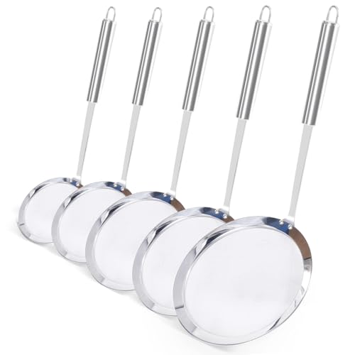 Newness Fine Mesh Strainer Set of 5 with Handle, 304 Fine Mesh Stainless Steel Colander, Wire Strainers for Kitchen, Fat Oil Strainer Skimmer Spoon, Durable Metal Multipurpose for Food, Rice, Quinoa - size: 5 Pack