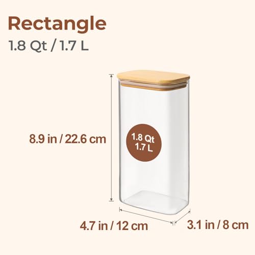 ComSaf 1.8Qt Rectangular Glass Food Storage Containers with Lids, 3-Piece Airtight Cereal Containers Storage, Glass Jars with Bamboo Lids, Space Saving Pantry Organizers for Flour, Pasta, Nut & Coffee - size: 1.8 Qt-3Pcs