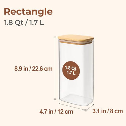 ComSaf 1.8Qt Rectangular Glass Food Storage Containers with Lids, 3-Piece Airtight Cereal Containers Storage, Glass Jars with Bamboo Lids, Space Saving Pantry Organizers for Flour, Pasta, Nut & Coffee - size: 1.8 Qt-3Pcs