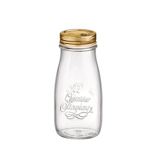 Bormioli Rocco Quattro Stagioni, Glass Canning Jar and Drinking Bottle, 13.5 Oz. with Gold Metal Airtight Lid, Made in Italy. - size: 13.5 fl oz
