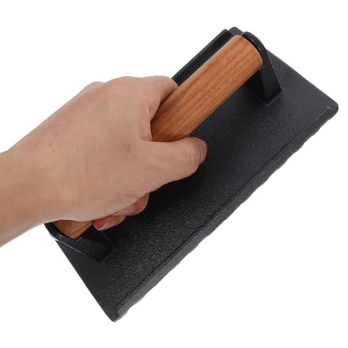 HOMSFOU 2pcs Cast Iron Grill Press with Wooden Handle for Steaks and Sandwiches, Heavy-Duty Meat Press with Grooved Bottom and Nonstick Surface, Safe for Stoves, Ovens, Grills,
