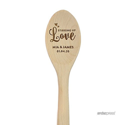 Andaz Press Personalized Laser Engraved Wooden Mixing Spoon, 12-inch, Stirring Up Love Mia & James 01.04.20, 1-Pack, Custom Names and Date - color: Custom Wedding Stirring Up Love