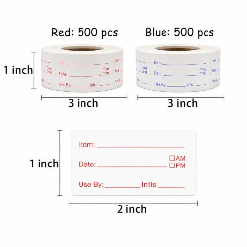 1 x 2 Inch Removable Food Labels, Date Label Stickers for Kitchen, 2 Rolls 1000 Pieces Freezer Labels for Food Containers, Waterproof, Oil-Proof, Tear Resistant, No Residue