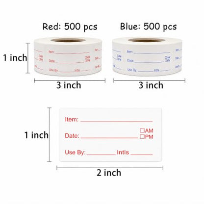1 x 2 Inch Removable Food Labels, Date Label Stickers for Kitchen, 2 Rolls 1000 Pieces Freezer Labels for Food Containers, Waterproof, Oil-Proof, Tear Resistant, No Residue